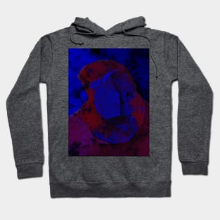 Portrait, digital collage and special processing. Weird. Man on street, face. Like in night dreams. Red and blue. Hoodie